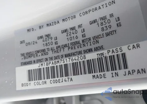 2025 Mazda Mazda3 2.5 S Select Sport из США, поврежденный, VIN JM1BPABM7S1764208